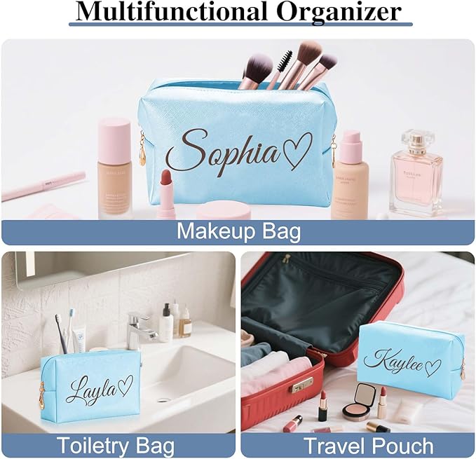Fincekoom Personalized Makeup Bag with Name & Birth Flower, Custom Leather Cosmetic Bags for Women, Customized Travel Toiletry Bag Gifts for Bridesmaid Wedding