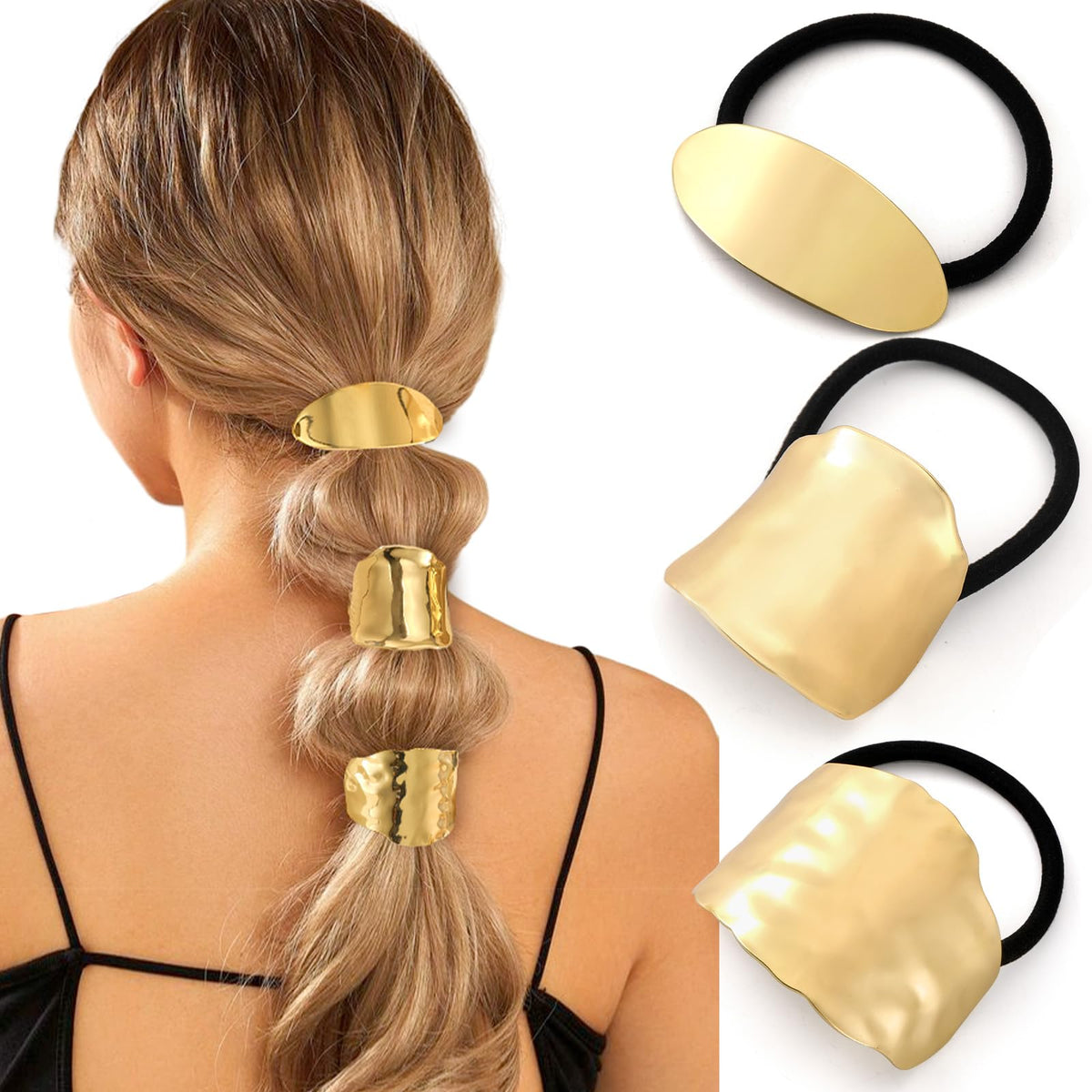 2PCS Gold Hair Ties for Women - Metal Hair Accessories for Thick Hair, Elegant and Durable Geometric Design, Ponytail Cuffs Stretchy Non-Damage