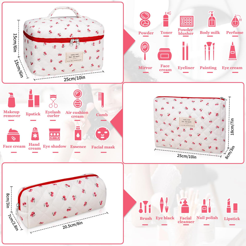 Gosect 3pc Makeup Bag Set, Quilted Makeup Bag Set, Large Floral Cosmetic Bag for Women, Cute Cotton Makeup Bags, Flower Travel Toiletry Organizer Bag (Pink Cherry Flowers)