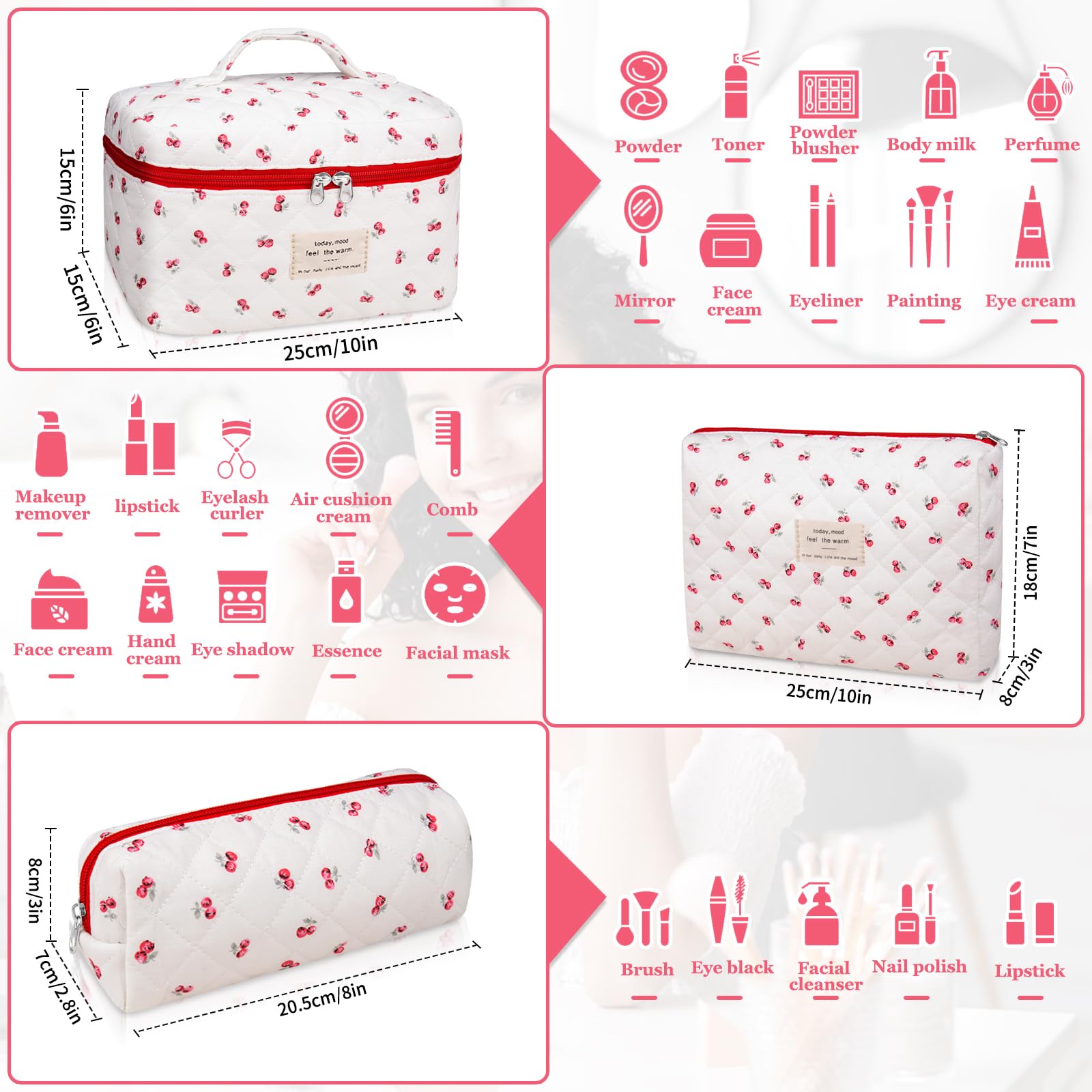 Gosect 3pc Makeup Bag Set, Quilted Makeup Bag Set, Large Floral Cosmetic Bag for Women, Cute Cotton Makeup Bags, Flower Travel Toiletry Organizer Bag (Pink Cherry Flowers)