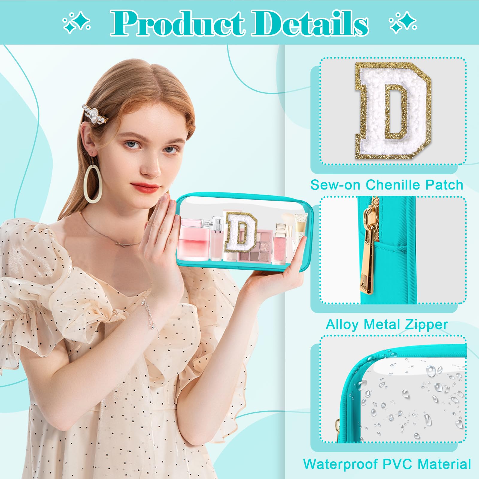 Personalized Initial Letter Clear Makeup Bag,Preppy Small Nylon&PVC Cosmetic Zipper Bag with Chenille Letter,Portable Beach Travel Skincare Toiletry Bag,Trendy Monogram Gift for Teen Girls Women,D