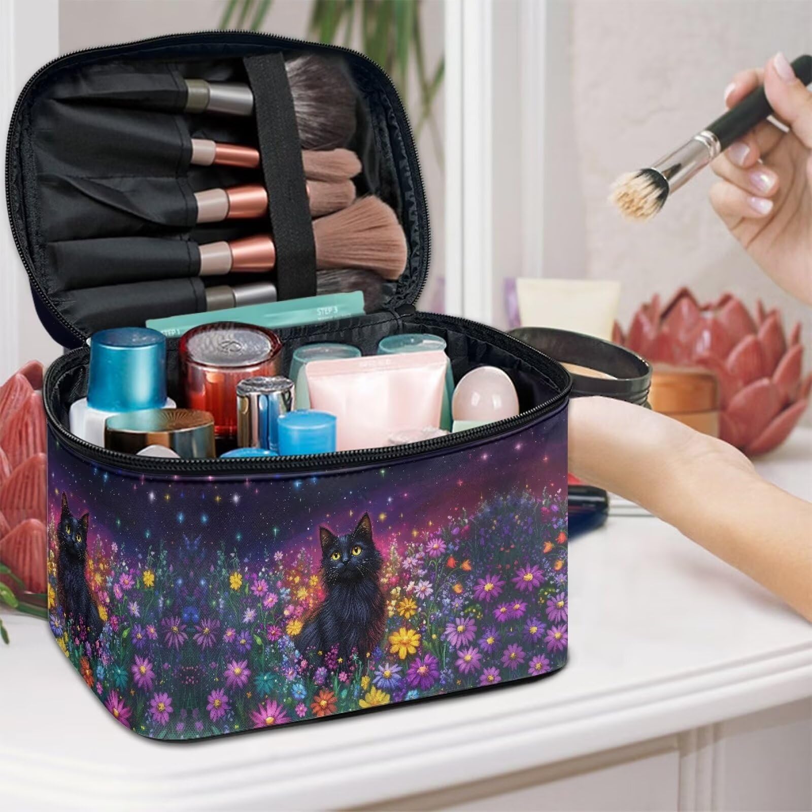 Drydeepin Black Cat Colorful Daisy Flower Print Travel Makeup Bags for Women Portable Tote Cosmetic Case with Carry Handle Toiletry Accessories Storage Organizer Bags