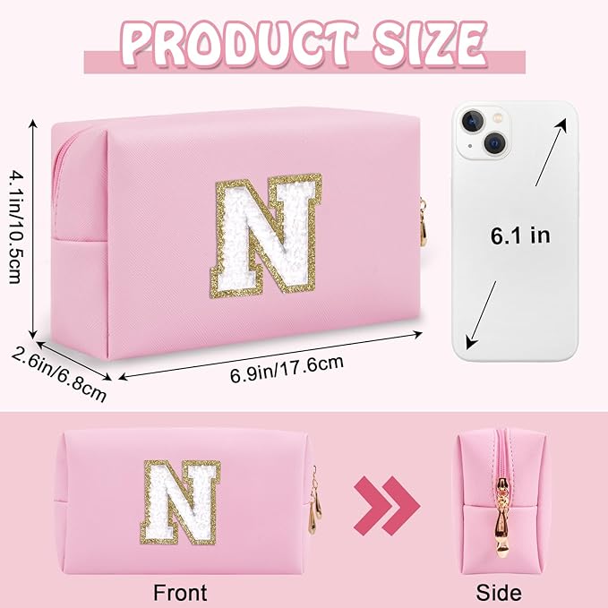 Chenille Letter Personalized Initial Preppy Makeup Bag, Small Travel Cute Pink Cosmetic Zipper Pouch Toiletry Bags, Waterproof PU Monogram Make Up Organizer Gift for Nurse Nieces Teacher(Letter N)