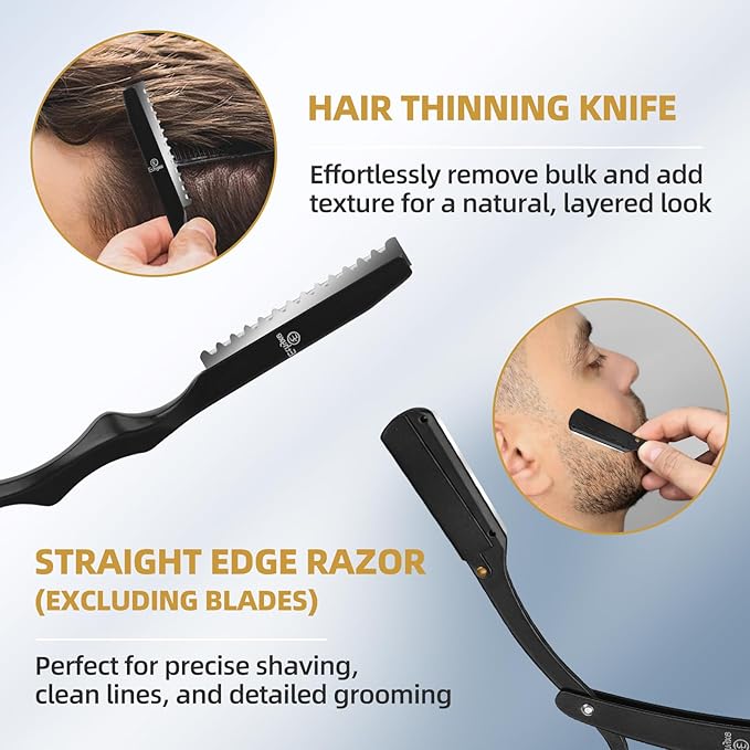 Ethyxe Hair Cutting Scissors Kit - 9 PCS Professional Haircut Scissors Set with Stainless Steel Straight and Thinning Shears for Home, Salon, and Barber Use (Black & Gold)