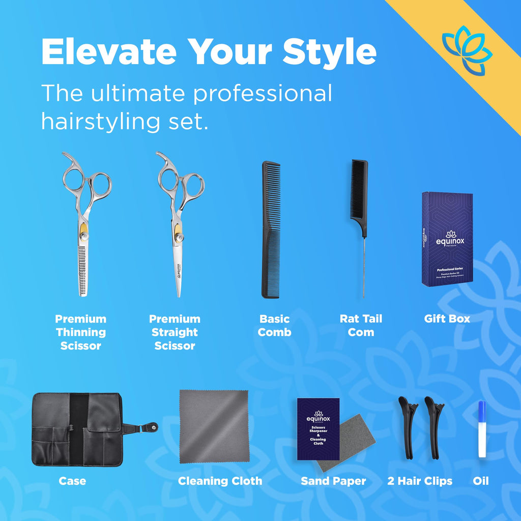 Equinox Professional Hair Scissors Set - Premium Essential Kit, Includes Hair Cutting Scissors, Thinning Shears, Straight Razor, Basic Comb, Cleaning Cloth, & Sandpaper - Hair Salon & Barber Supplies