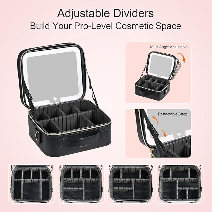 BEAUTY CASE Makeup Bag with Led Mirror, 10 Inch Portable Cosmetic Vanity Organizer Case with Adjustable Dividers, USB Charging, Large Capacity, Ideal for Travel, Gift for Women Girls, Black