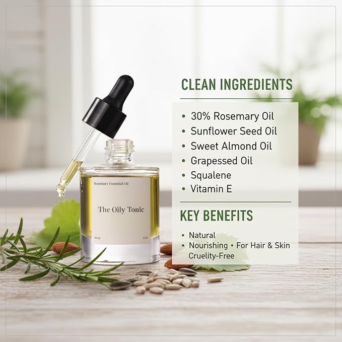 The Oily Tonic Rosemary Revival Oil – Premium Scalp & Hair Rejuvenation for Thinning, Dry, or Damaged Hair – 30% Rosemary + Squalane + Vitamin E – Nourish, Regenerate & Add Shine – 1.7oz