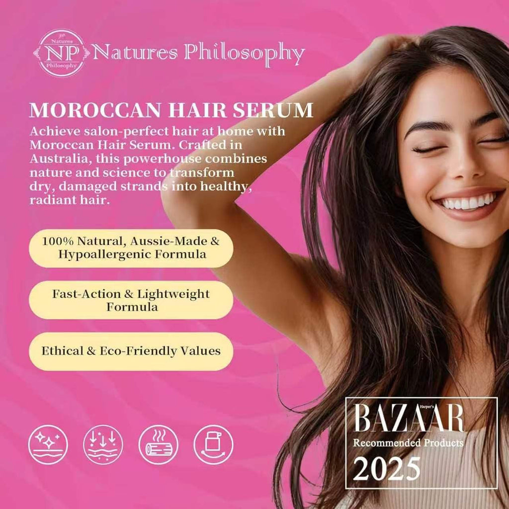 NP NATURES PHILOSOPHY Moroccan Argan Hair Oil, Leave In Hair Serum Anti Frizz Heat Protectant Oil for Curly Color Treated Damaged Hair, Vegan Split End Repair Hair Finishing Oil 1.69 Fl oz