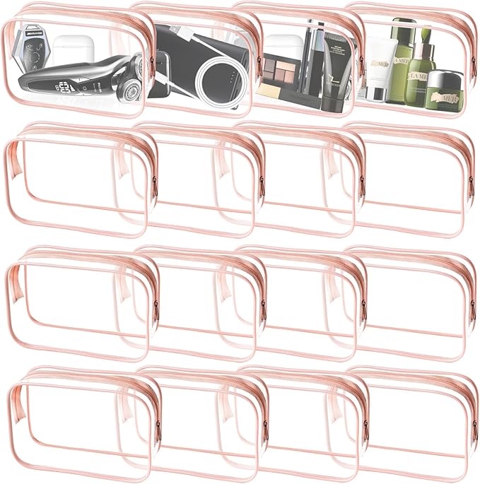 16 Pieces Clear Makeup Bags Bulk, TSA Approved Toiletry Bag for Travel, PVC Waterproof Travel Pouches Clear Pouch with Zipper for Men and Women Carry-on Travel Essentials Cosmetic Bags (Orange)