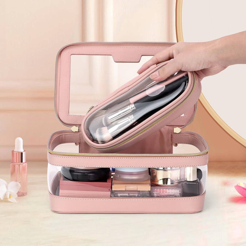 Soimeat Travel Clear Makeup Bag with Makeup Brush Bag, Leather Makeup Case Toiletry Bag, Portable Cosmetic Bag Case, Transparent Waterproof Cosmetic Organizer Storage Bag for Women, Pink