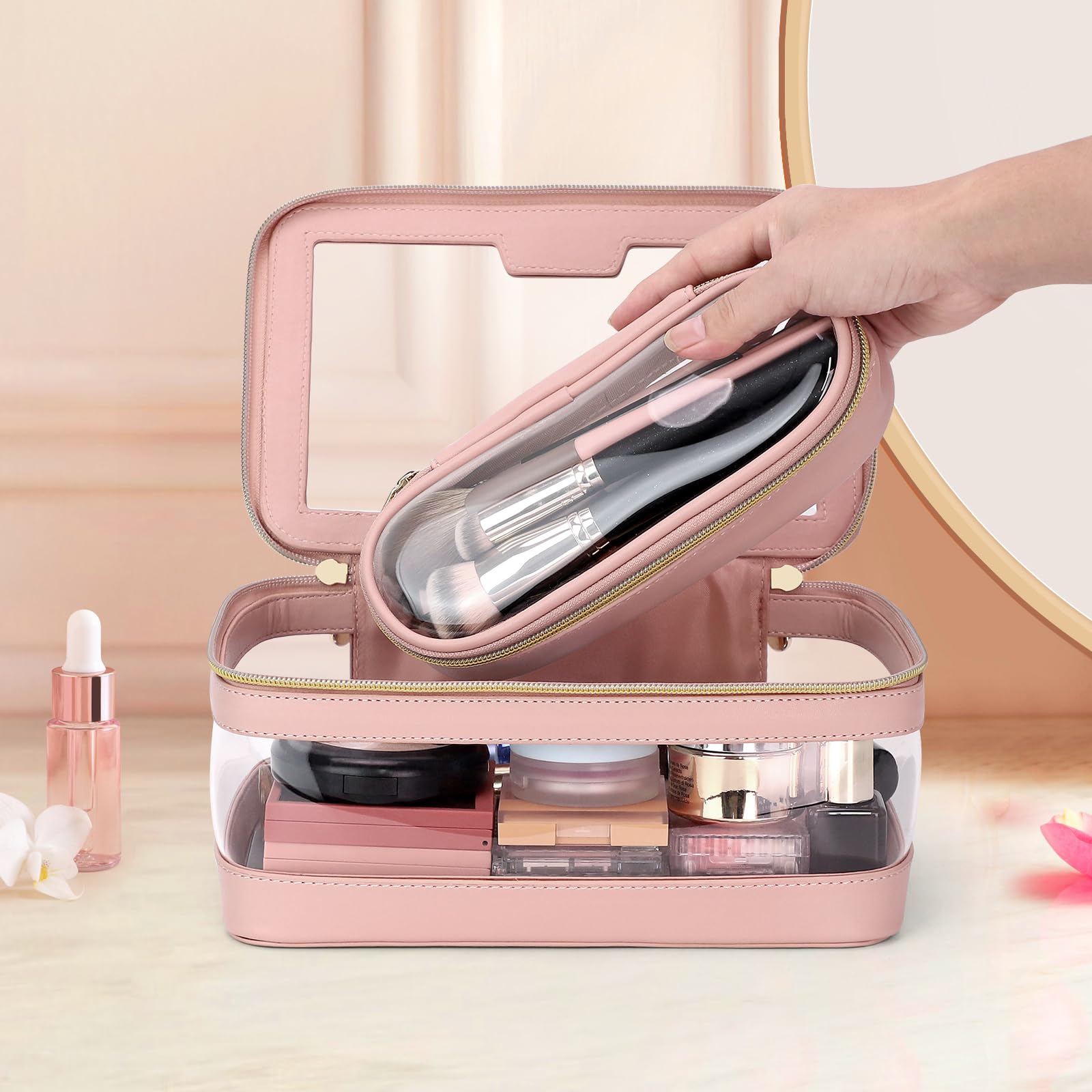 Soimeat Travel Clear Makeup Bag with Makeup Brush Bag, Leather Makeup Case Toiletry Bag, Portable Cosmetic Bag Case, Transparent Waterproof Cosmetic Organizer Storage Bag for Women, Pink