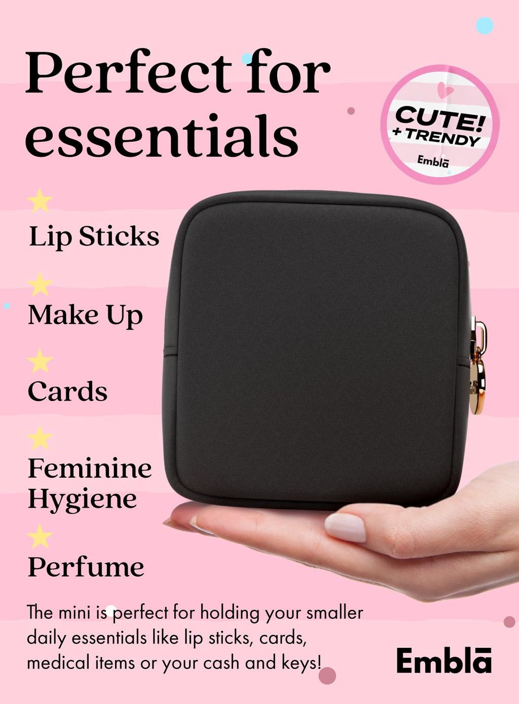 Embla Small Makeup Bag for Purse, Mini Waterproof Nylon Cosmetic Pouch, Durable and Lightweight Travel Toiletry Bag with Smooth Zipper, Black