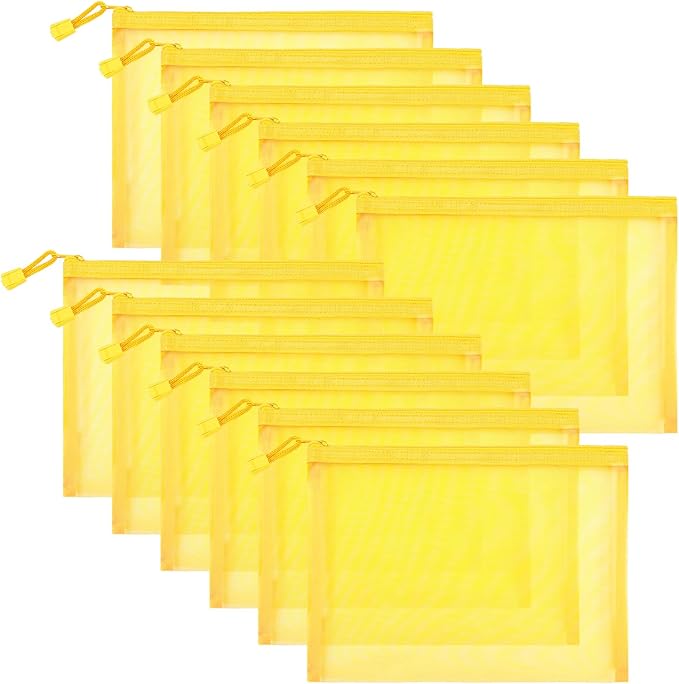 Sinzip 12 Pieces Zipper Nylon Mesh Pouch, Mesh Cosmetic Bags Makeup Bags Pencil Case, Multipurpose Travel Bags for Cosmetic School Office Supplies and Travel Accessories (Yellow, A5)