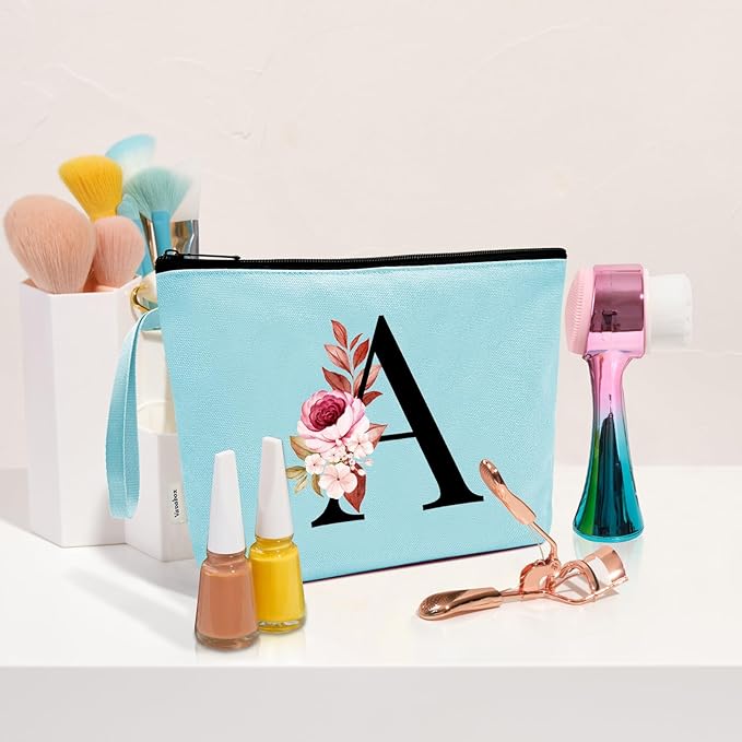 Vavabox A-Z Personalized Makeup Bag, Birthday Gifts for Women Mom, Gifts for Best Friend, Bride Bridesmaid Cosmetic bag (I, Green)
