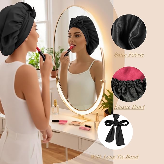 YOHTAS Satin Hair Bonnet for Sleeping Women, Double Layer Silk Bonnets for Women with Tie Band, for Braids Curly Long Hair