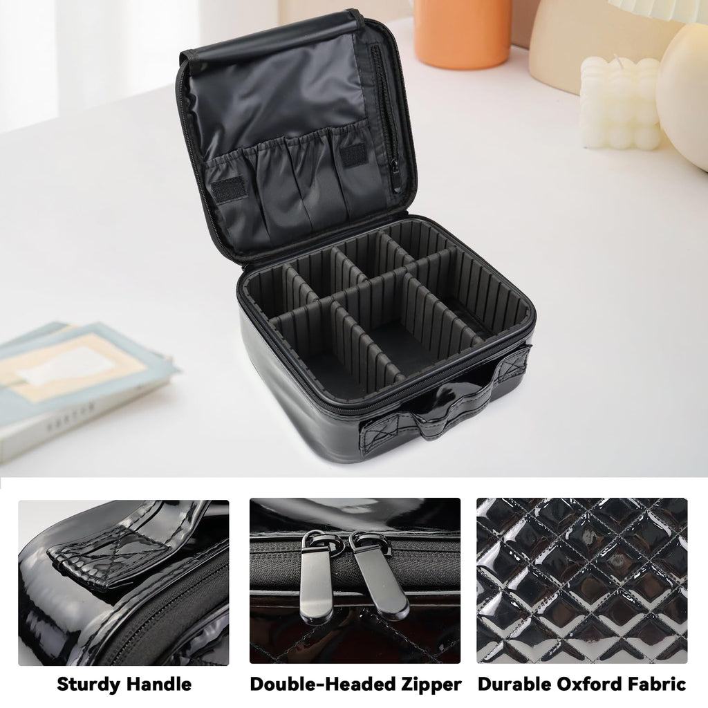 SLUMAZI Travel Makeup Bag Makeup Cosmetic Train Case Organizer Portable Storage Bag with Adjustable Dividers for Cosmetics Makeup Brushes Toiletry Jewelry Black Laser Grid Pattern