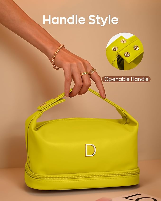 Trendy Gifts for Women, Personalized Makeup Bag with Handle, Initial Double Layer Cosmetic Bag with Makeup Brush Organizer, Cute Cosmetic Pouch for Women, Gifts for 20 Year Old Female