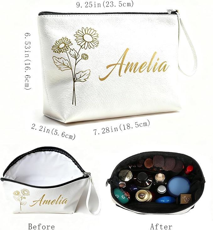 Bliver Personalized Makeup Bag Initial&Birth Flower Custom Small Travel Cosmetic Bag with Name Cute Makeup Bag for Women Girls