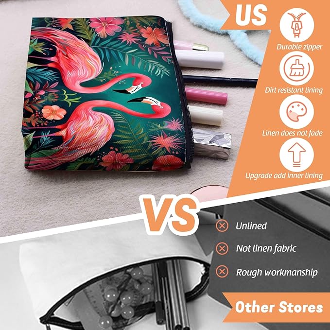 Scribesense Cosmetic Bags Travel Makeup Toilet Case Waterproof Pouch for Women Girls 6.7X9.45inches - Two Flamingos in A Tropical Floral Setting