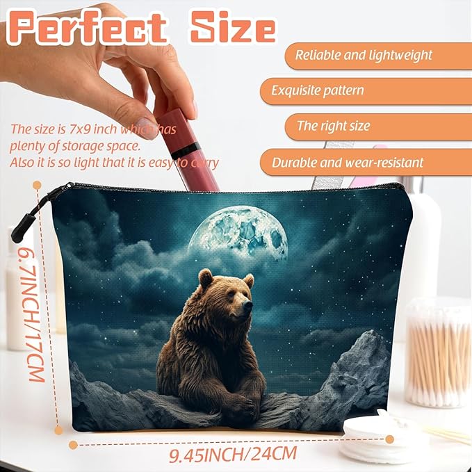 Scribesense Cosmetic Bags Travel Makeup Toilet Case Waterproof Pouch for Women Girls 6.7X9.45inches - Brown Bear on Rock Under A Starry Sky And Moon