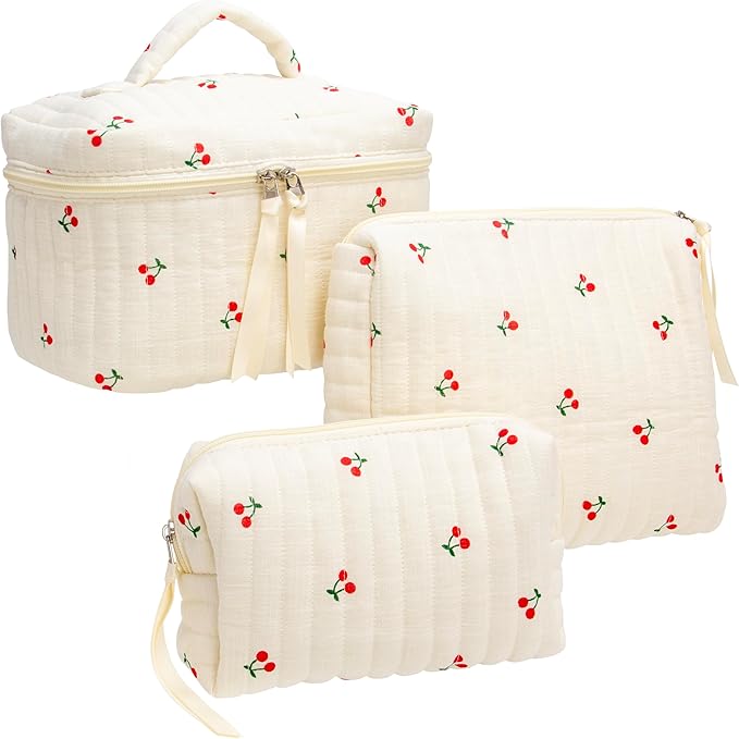 3 Piece Quilted Makeup Bag Set for Women,Cosmetic&Toiletry Bag,Cherry Beige