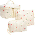 3 Piece Quilted Makeup Bag Set for Women,Cosmetic&Toiletry Bag,Cherry Beige