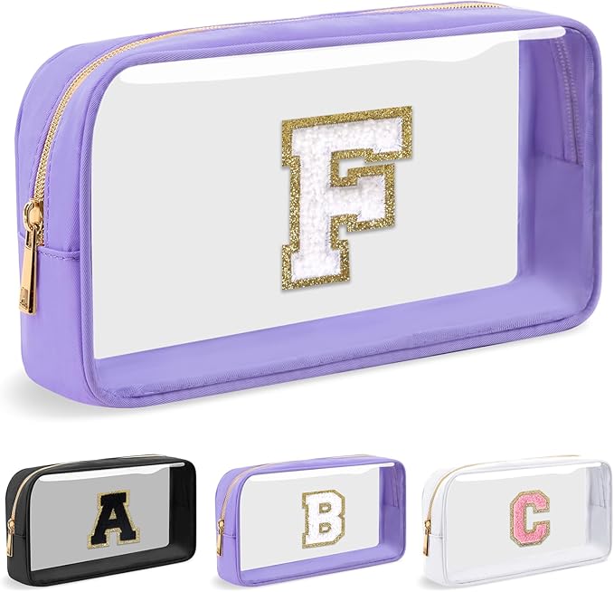 UIXIZQ Personalized Initial Letter Clear Makeup Bag,Preppy Small Nylon&PVC Cosmetic Zipper Bag with Chenille Letter,Travel Skincare Toiletry Bag,Monogram Christmas Gift for Teen Girls Women,F