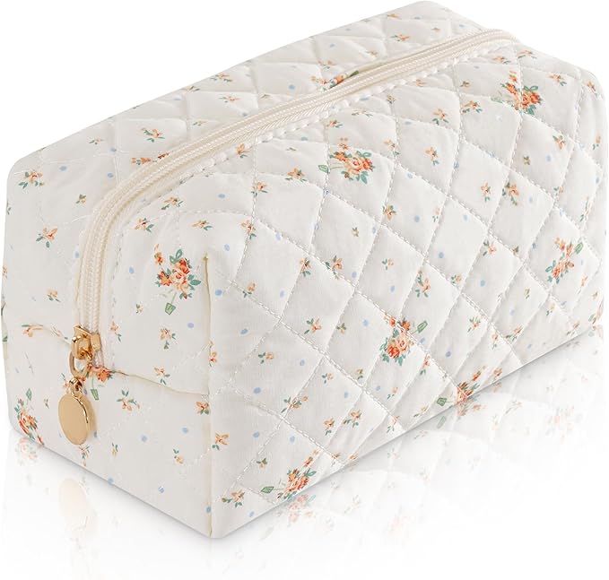 UUYUUY Makeup Bag Travel Toiletry Bag for Women, Small Cosmetic Bags Cute Quilted Cotton Makeup Pouch for Purse Emergency Bag Floral Pencil Case Accessory Bag, Orange Floral