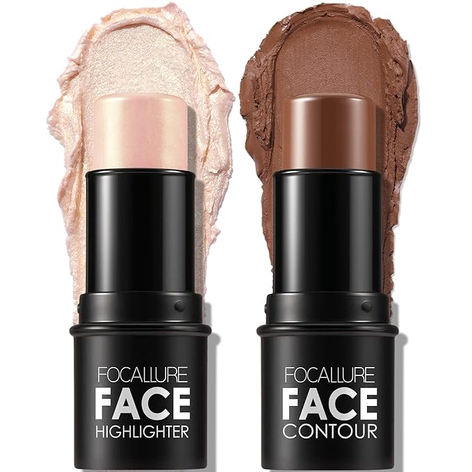 FOCALLURE 2 Pcs Contour Foundation Stick, Highlighter & Bronzer Pen, Face Brightens & Shades Pencil, Highlighting Shade Longwear Makeup, Highlight Bronzer Shaping Trimming Stick,Neutral
