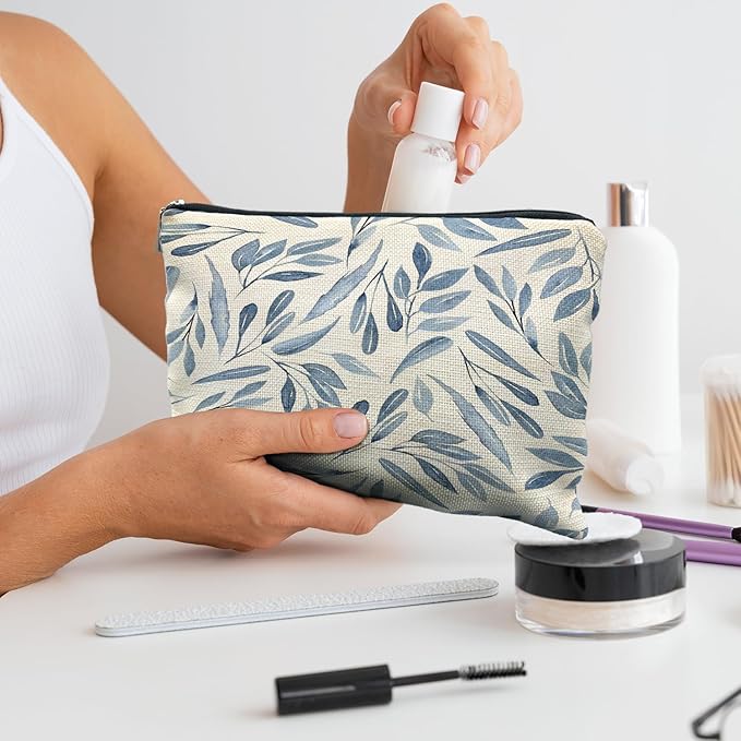 RYYCDOI Blue Floral Makeup Bag Pouch, Blue and White Chinoiserie Makeup Pouch, Floral Cosmetic Bag, Boho Botanical Leaves Cosmetic Bag for Women