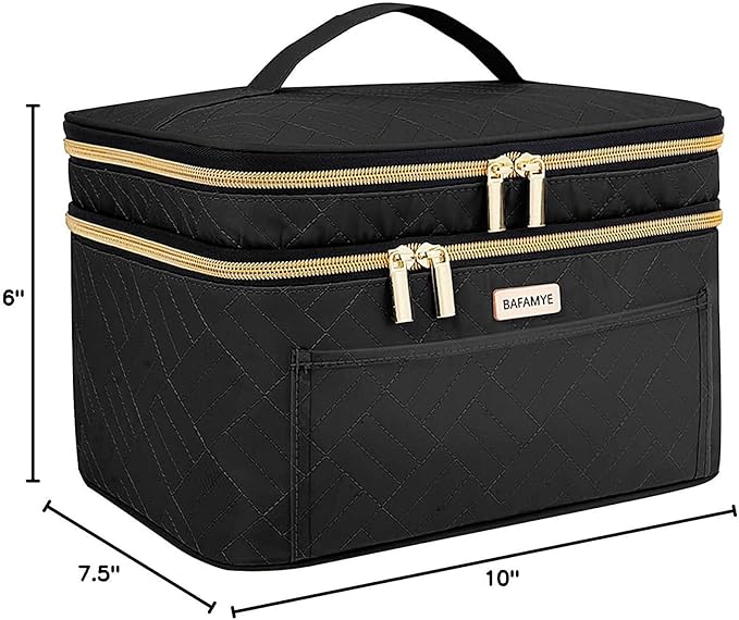 BAFAMYE 8.8L Double Layer Travel Makeup Bag Women, Large Cosmetic Case, Organizer for Travel-Size Accessories Bottles, Brushes, and Skin Care Products, Black 2.33 GAL