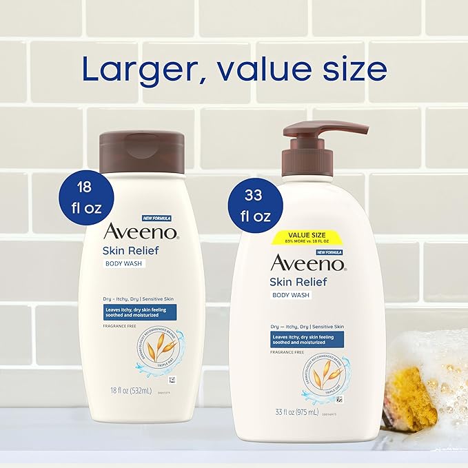 Aveeno Skin Relief Body Wash with Triple Oat Complex, Fragrance-Free, Gentle Daily Body Wash for Sensitive Skin Leaves Itchy, Dry Skin Feeling Soothed & Moisturized, Value Size 33 Fl Oz