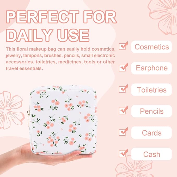 UIXIZQ Waterproof Mini Floral Makeup Bag Pouch for Purse,Nylon Flower Cosmetic Travel Bag Small Preppy Toiletry Organizers Bag for Women Girl,Cute Zipper Pouch Coin Purse for Work(Mini White-Flowers)