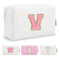 Personalized Initial A-Z Preppy Patch Makeup Bag,Small PU Chenille Letter Cosmetic Bag with Zipper for Teen Girls,Pink Cute Toiletry Organizer Bag,Monogram Makeup Case Gift for Women Girls,Letter V