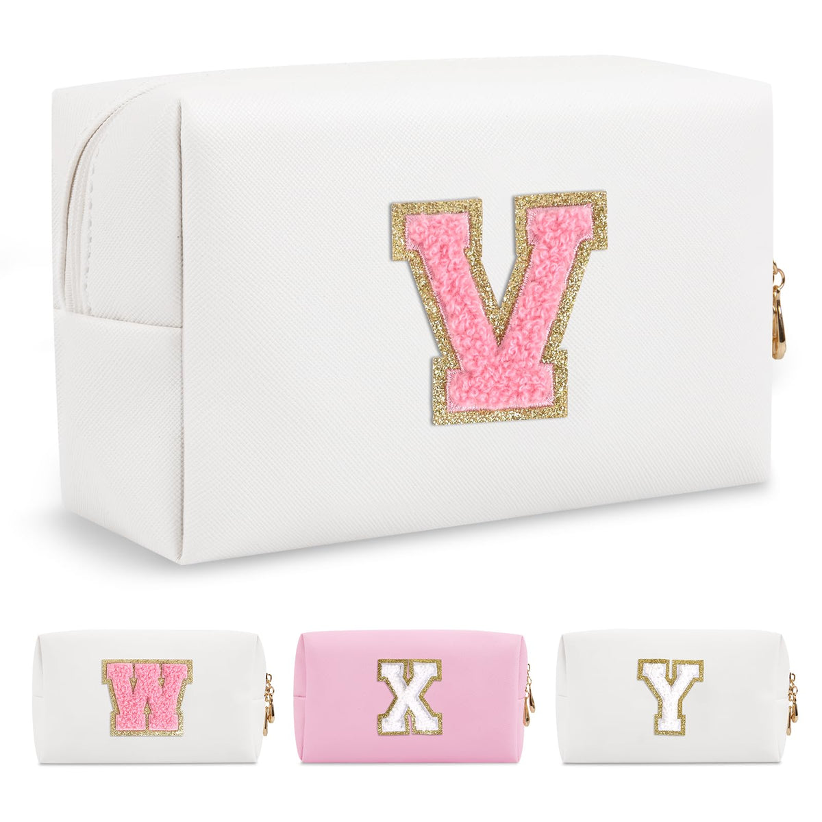 Personalized Initial A-Z Preppy Patch Makeup Bag,Small PU Chenille Letter Cosmetic Bag with Zipper for Teen Girls,Pink Cute Toiletry Organizer Bag,Monogram Makeup Case Gift for Women Girls,Letter V