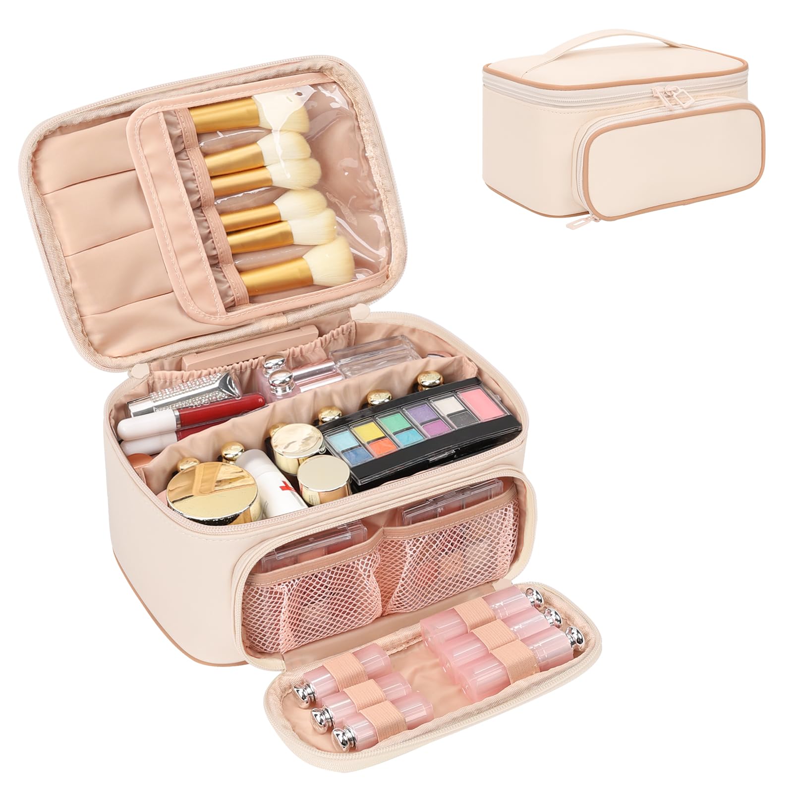 OCHEAL Makeup Bag, Multifunctional Large Cosmetic Organizer Toiletry Brushes Storage Case for Women Girls with Handle Divider - Beige