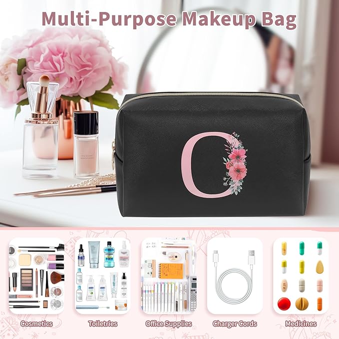 Initial Makeup Bag for Women, Travel Makeup Bag Small Cosmetic Bag, Birthday Gifts for Girls and Women, Teen Girls Gifts Trendy Stuff, Personalized Gifts for Grandkids Teacher Friends Bride Bridesmaid