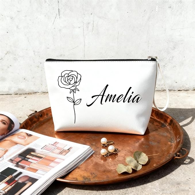 Bliver Personalized Makeup Bag Initial&Birth Flower Custom Small Travel Cosmetic Bag with Name Cute Makeup Bag for Women Girls