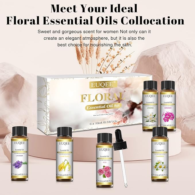 EUQEE 6 Pcs Pure Essential Oils Set, Floral Scent Kit for Diffuser