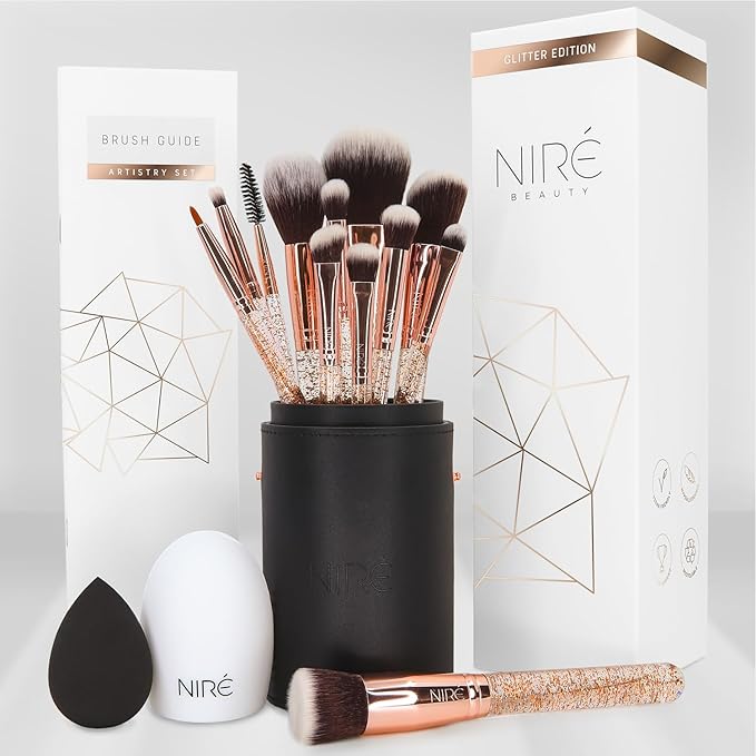 Niré Beauty Glitter Makeup Brush Set, 15 Piece, Rose Gold