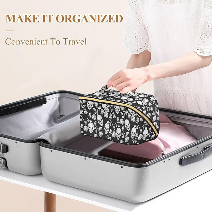 MNSRUU Makeup Organizer Bag, Skull with Rose Print Travel Makeup Bags Makeup Vanity Case Large Capacity Rhombus Cosmetic Toiletry Bag for Girl Women Ladies