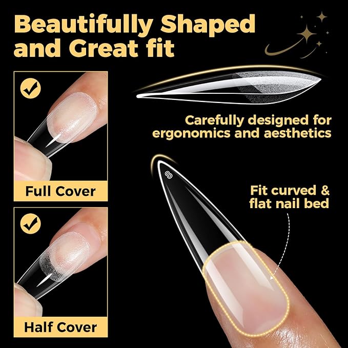 UNA GELLA Long Stiletto Gel Nail Tips 600Pcs Pre Etched Long Stiletto Almond Nail Tips Clear Fake Nails Press on Nails No C Curve for DIY Art Salon at Home 12 Sizes