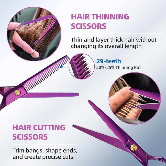 Ethyxe Professional Hair Cutting Scissors - 9 PCS Haircut Scissors Set with 29-Tooth Thinning Shears and Straight Shears for Men Women Home Salon Barber (6.5", Purple)
