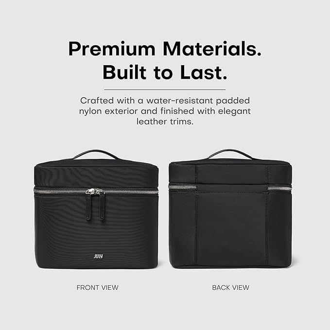 July Vanity Cosmetic Case - Stylish Travel Makeup Bag for Women with Removable Wet Pouch, Upright Bottle Design, Clear Top Pocket, Leather Handle, Travel Essentials, Toiletry Organizer - Black