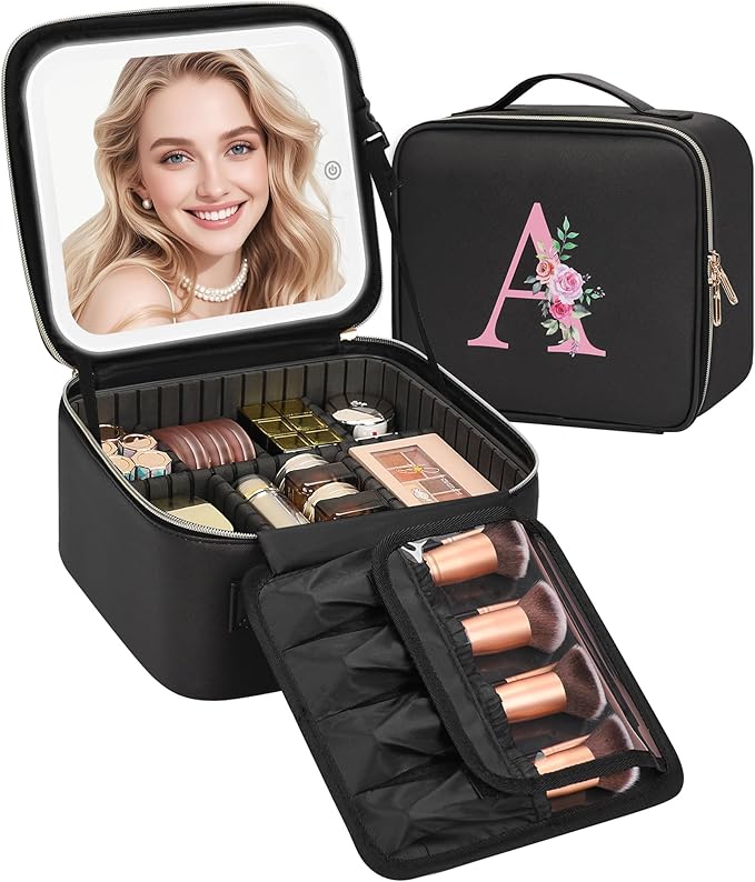 Relavel Initial Makeup Bag with LED Mirror for Women, Personalized Travel Cosmetic Organizer Train Case, Birthday Gifts for Teens Girls Grandkids Graduation Teacher Friends, Trendy Stuff, Black A