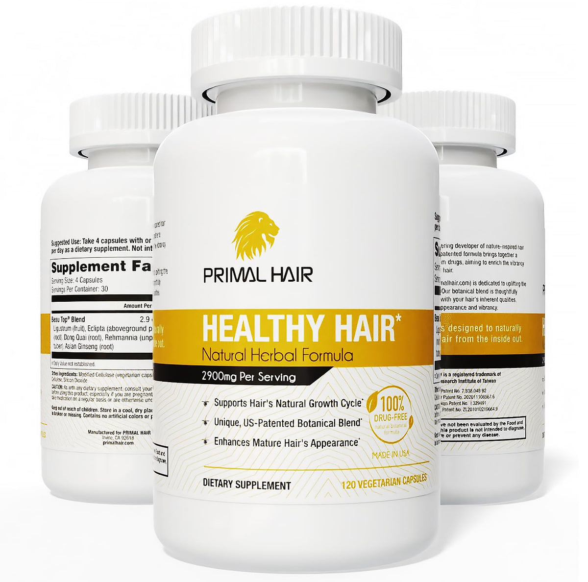 PRIMAL HAIR Natural Hair Growth Supplement for Men & Women - US Patented Botanical Formula for Thicker Fuller Hair - Anti-Hair Loss & Scalp Wellness - 100% Vegan, Non-GMO - 120ct (30-Day Supply)