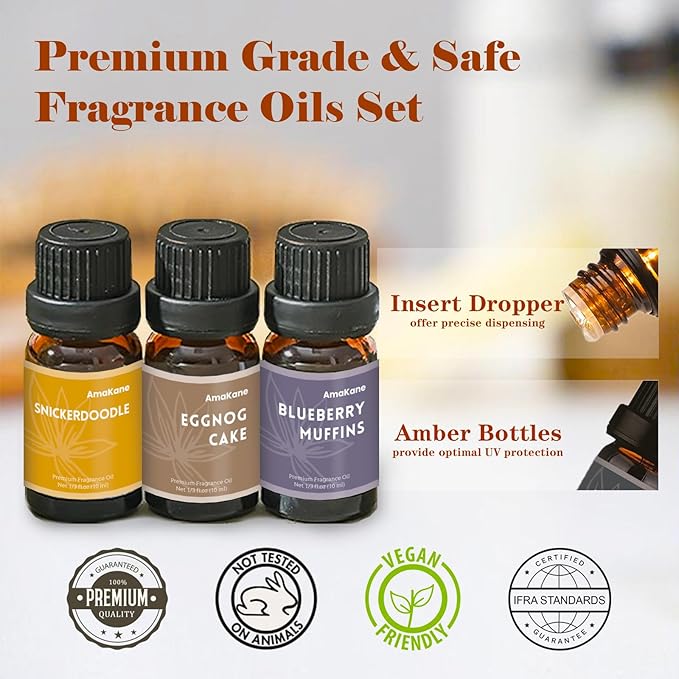 AmaKane Fragrance Oils Bakery Set, Essential Oils for Diffuser, Fragrance Oil for Candle Making, Soap Making Scents, Apple Cinnamon, Sugar Cookies and More 6x10ml