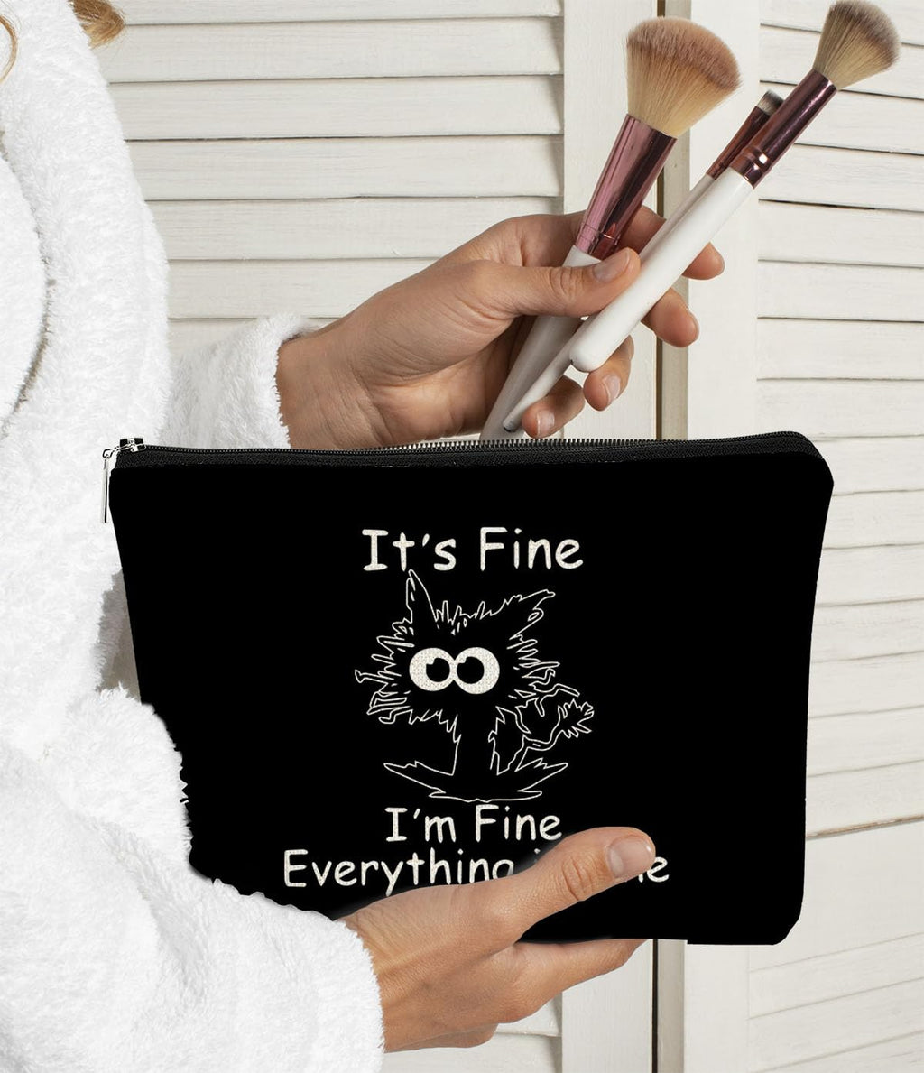 Funny Cute Cat Makeup Bag,Cat Lover Gifts For Women,Its Fine Im Fine Everythings Fine,Black Cat Cosmetic Bag Small Pouch,Birthday Gift,Coworker Gifts(Black)