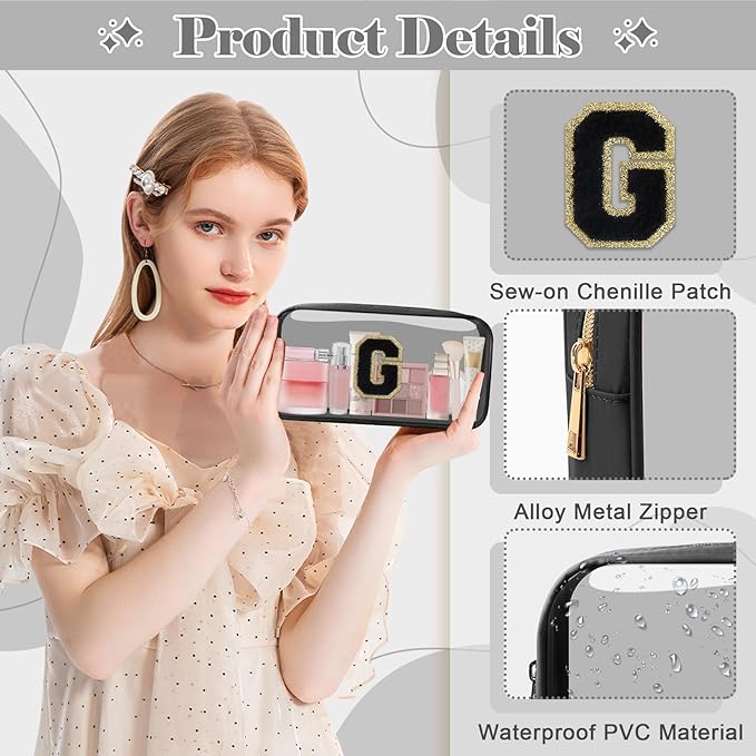 UIXIZQ Personalized Initial Letter Clear Makeup Bag,Preppy Small Nylon&PVC Cosmetic Zipper Bag with Chenille Letter,Travel Skincare Toiletry Bag,Monogram Christmas Gift for Teen Girls Women,G