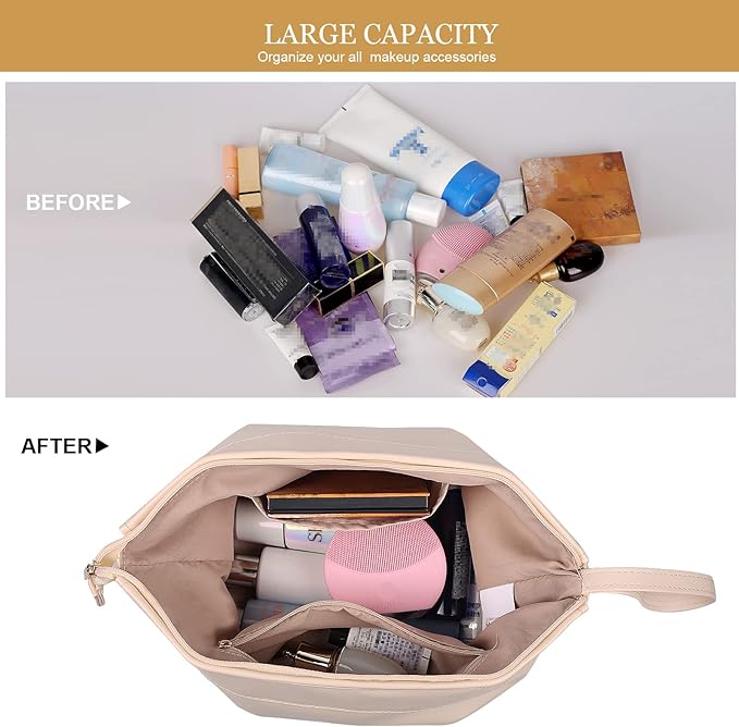 Abiudeng Waterproof Double Layer Makeup Bag for Women, Large Capacity Faux Leather Travel Cosmetic Bag with Compartments & Brush Holder, Portable Makeup Organizer for Traveling Gift for women